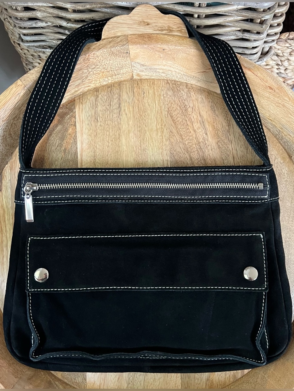 Banana Republic Black Suede Shoulder Bag Purse 100% Cow Split Leather